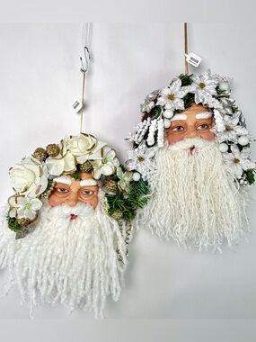 Set of 2 Santa Claus Head Hanging Christmas Ornaments Floral Wreath Long Beards